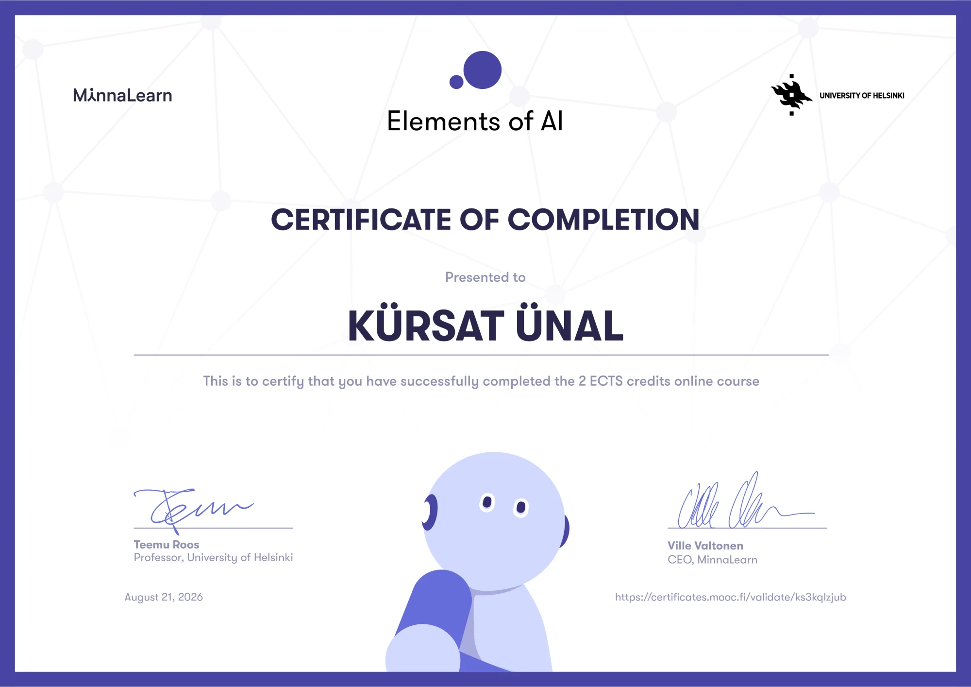 Elements of AI: Certificate of Completion für Kürsat Ünal, 2 ECTS, 21. August 2026